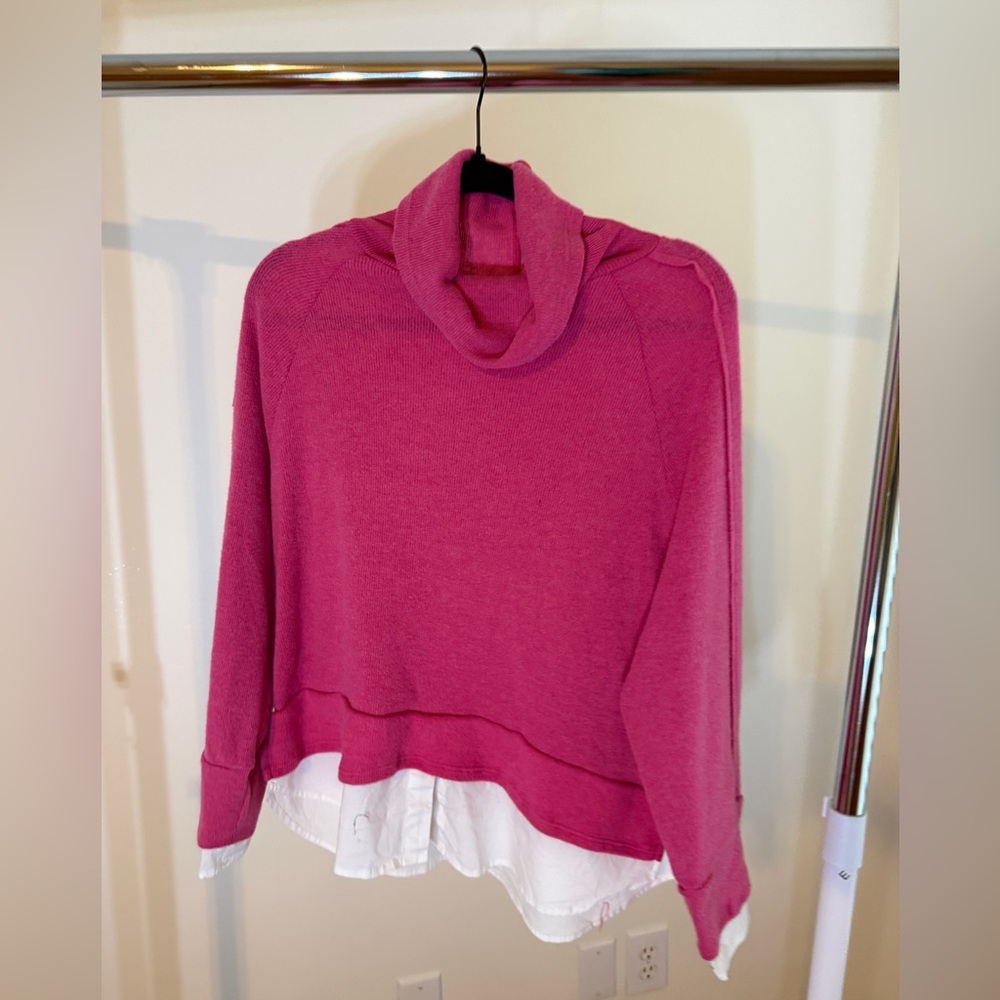 Impressions Fuchsia Cowl Neck Sweater with White Layered Hem
